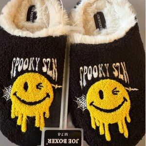 Joe Boxer Black Slippers with Yellow Scary Smiley NWT